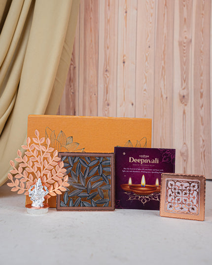 Deepavali: Box with Metal Box, Floral Coaster, Ganesha Idol with Tree - WDC0017