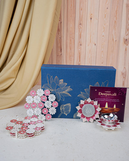 Deepavali: Box with Designer Coaster, Floral Coaster & Diya - WDC0018