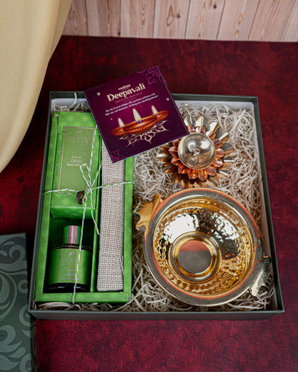 Deepavali: Box with Brass Urli, Flower Diya with Diffuser Oil - WDC0019