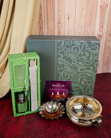Deepavali: Box with Brass Urli, Flower Diya with Diffuser Oil - WDC0019