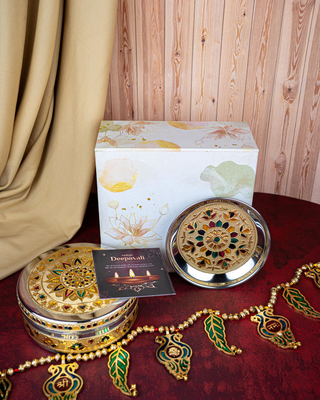 Deepavali: Box with Meenakari Poori Box, Thoran & Plate - WDC0020