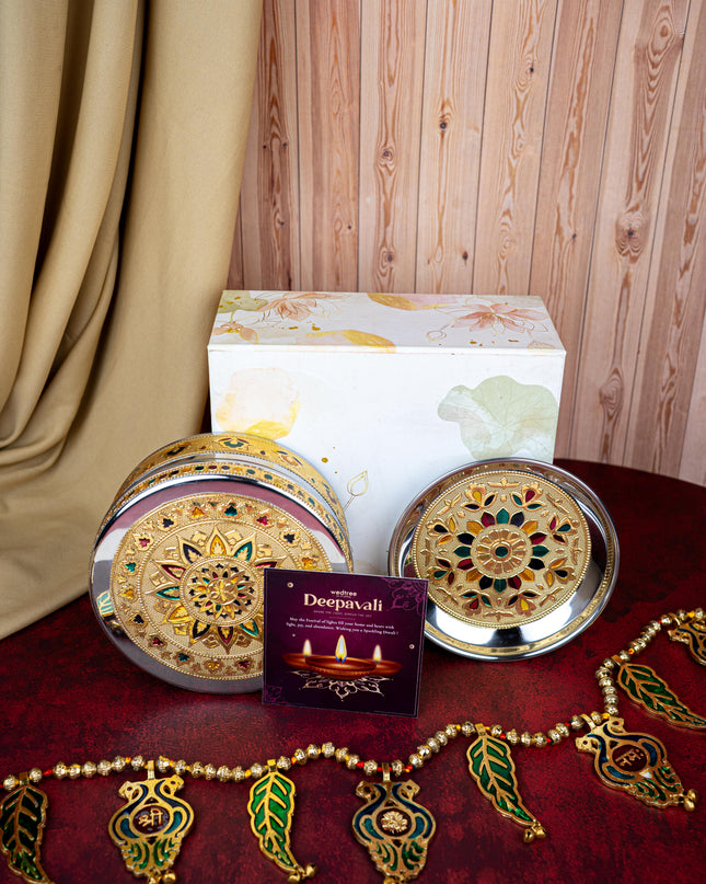 Deepavali: Box with Meenakari Poori Box, Thoran & Plate - WDC0020