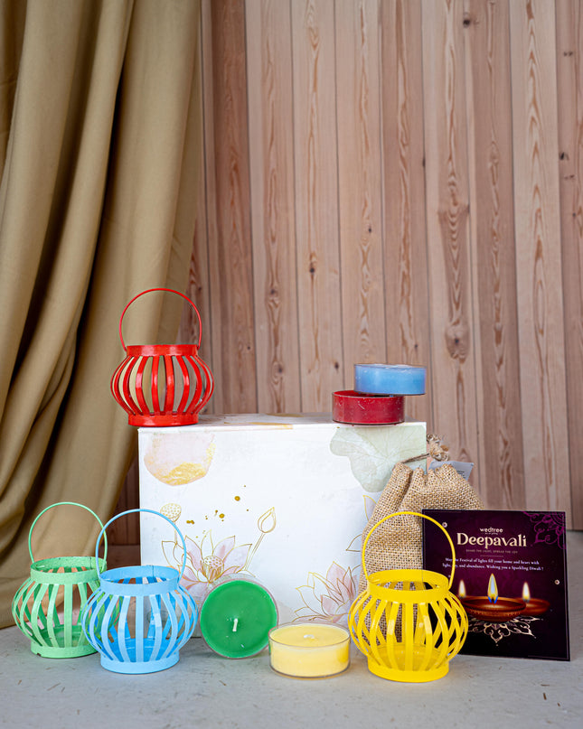 Deepavali: Box with Decorative Metal T-light Holder, 7 Chakra Scented Candle & Natural Fragrance Jute String Bag - WDC0021