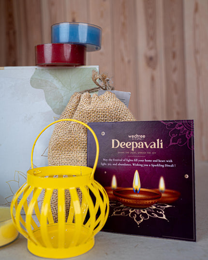 Deepavali: Box with Decorative Metal T-light Holder, 7 Chakra Scented Candle & Natural Fragrance Jute String Bag - WDC0021