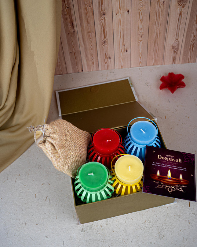 Deepavali: Box with Decorative Metal T-light Holder, 7 Chakra Scented Candle & Natural Fragrance Jute String Bag - WDC0021