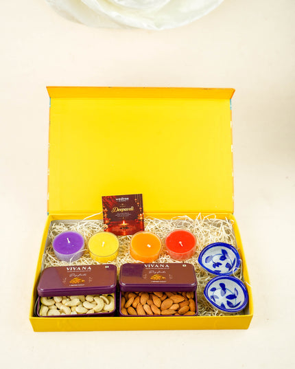 Deepavali: Box with Handmade Pottery Diya, Candles, Dry Fruit Tin with Dry Fruits - WDC0022