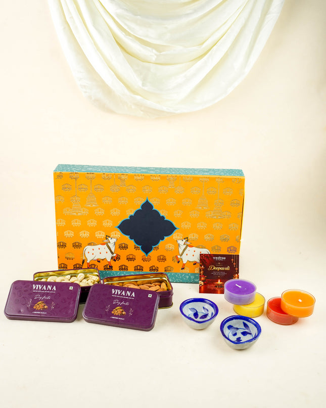 Deepavali: Box with Handmade Pottery Diya, Candles, Dry Fruit Tin with Dry Fruits - WDC0022