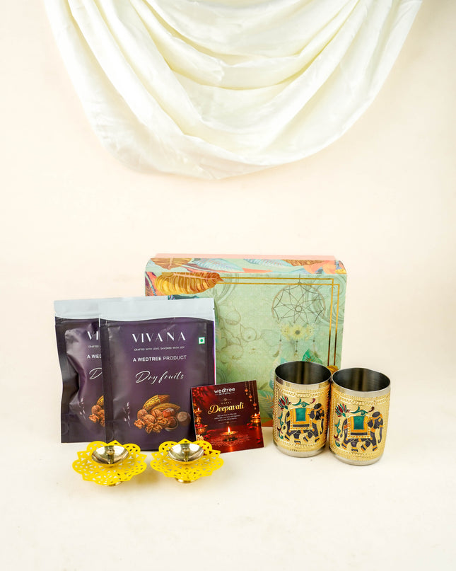 Deepavali: Box with Handpainted Brass Diya, Meenakari Design Glass with Dry Fruit - WDC0023