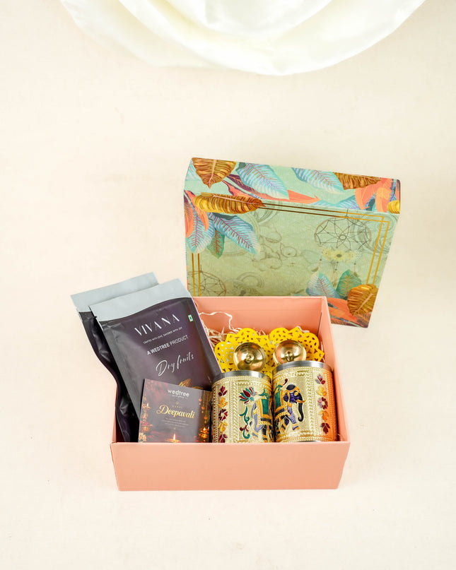 Deepavali: Box with Handpainted Brass Diya, Meenakari Design Glass with Dry Fruit - WDC0023
