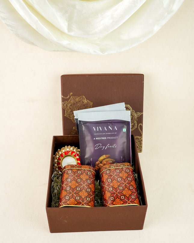 Deepavali: Box with Printed Tin, T Light Holder, Dry Fruits & Cookies - WDC0024