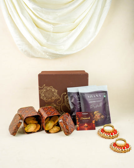 Deepavali: Box with Printed Tin, T Light Holder, Dry Fruits & Cookies - WDC0024