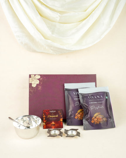 Deepavali: Box with Swastik Diya, Twister Diya & Dry Fruits - WDC0025
