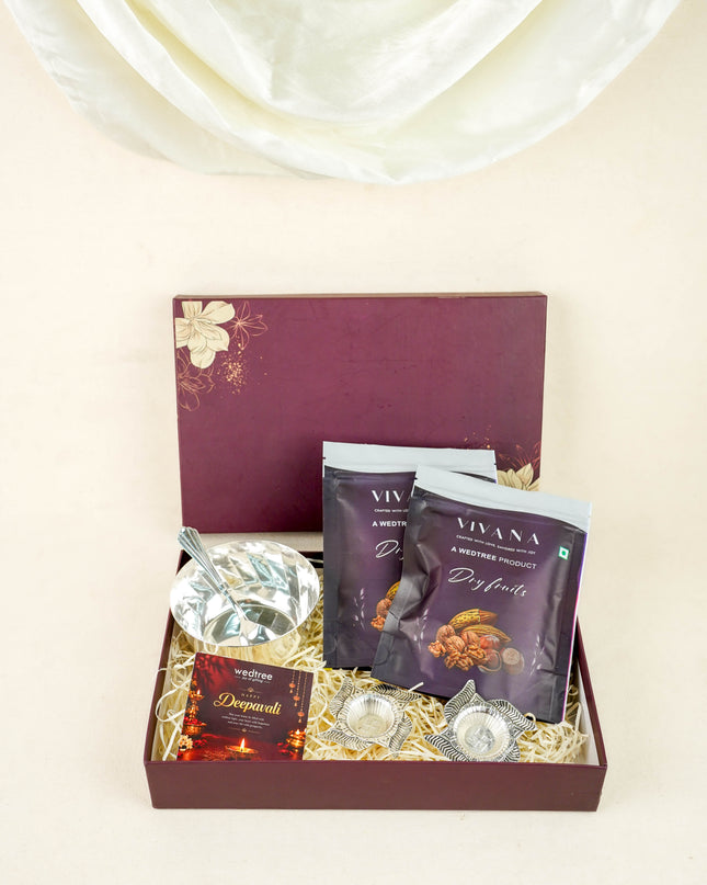 Deepavali: Box with Swastik Diya, Twister Diya & Dry Fruits - WDC0025