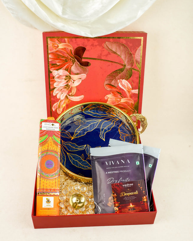Deepavali: Box with Brass Floral Tray, Crystal Diya, Intense Sticks & Dry Fruits - WDC0026