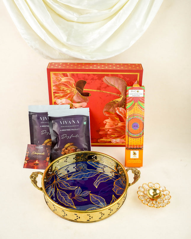 Deepavali: Box with Brass Floral Tray, Crystal Diya, Intense Sticks & Dry Fruits - WDC0026