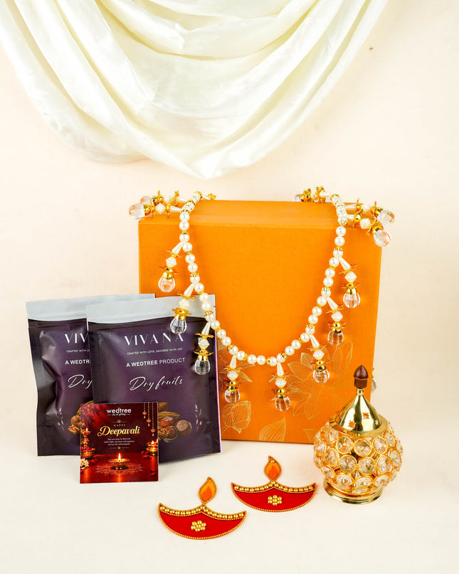 Deepavali: Box with Beads Thoran, Rangoli Diya, Crystal Diya & Dry Fruits - WDC0028