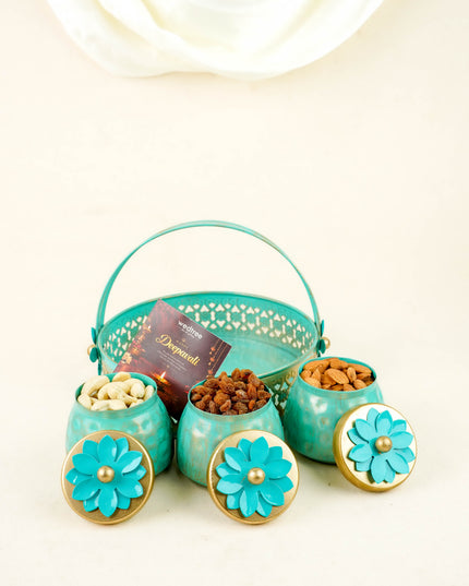 Deepavali: Trousseau Packing Metal Tray with 3 Dry Fruit Jar & Dry Fruits - WDC0029