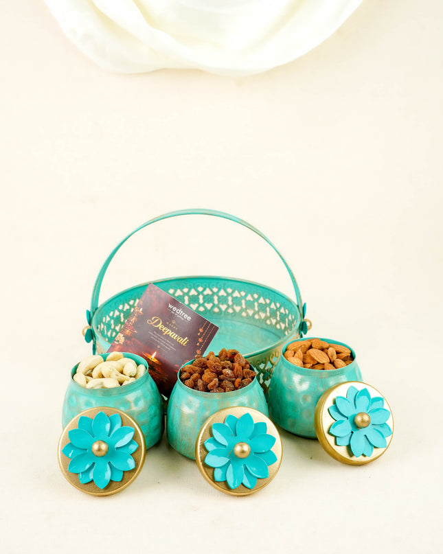 Deepavali: Trousseau Packing Metal Tray with 3 Dry Fruit Jar & Dry Fruits - WDC0029