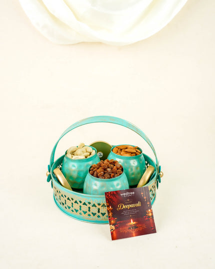 Deepavali: Trousseau Packing Metal Tray with 3 Dry Fruit Jar & Dry Fruits - WDC0029