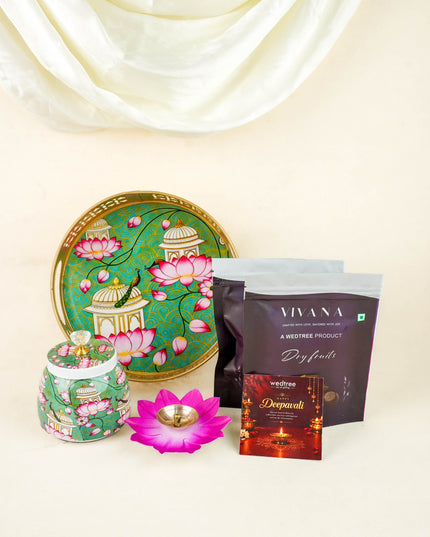 Deepavali: Trousseau Packing Mugal Theme Dry Fruit Jar with Diya & Dry Fruit - WDC0030