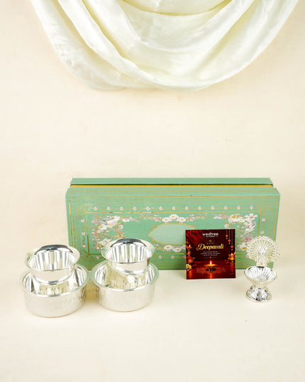 Deepavali: Box with Brass Coffee Dabara Set & Peacock Diya - WDC0031