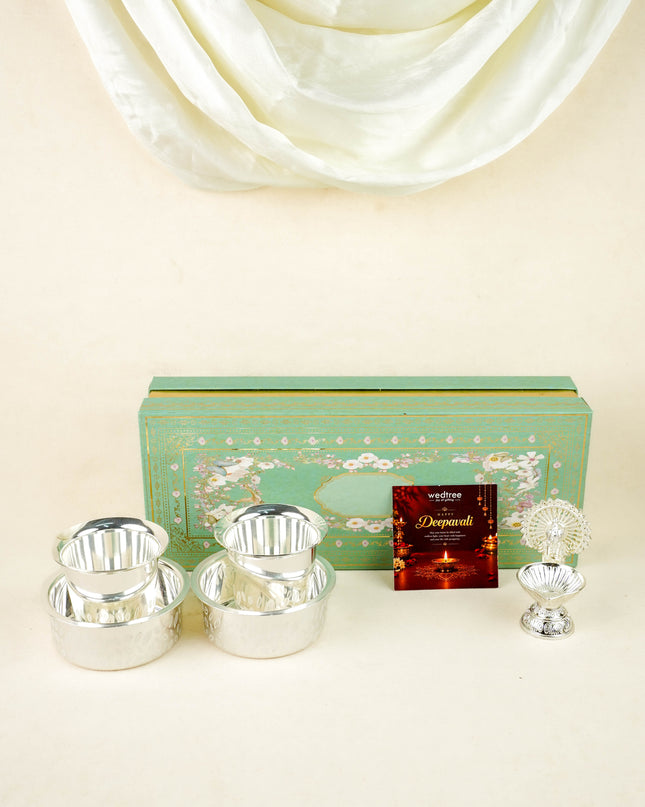 Deepavali: Box with Brass Coffee Dabara Set & Peacock Diya - WDC0031