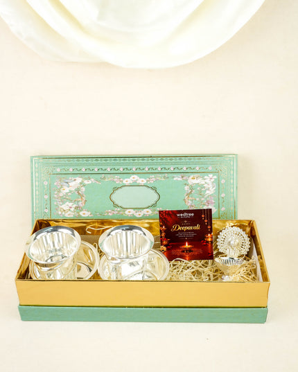 Deepavali: Box with Brass Coffee Dabara Set & Peacock Diya - WDC0031