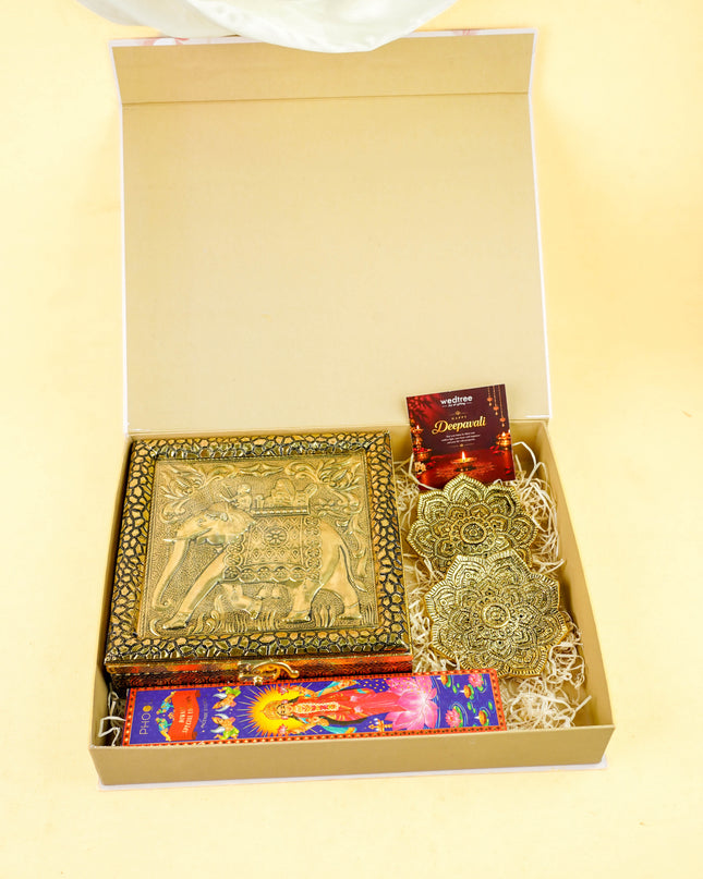 Deepavali: Box with Dry Fruit Box, Flower Agarvathi, Insence Sticks & Dry Fruits - WDC0032