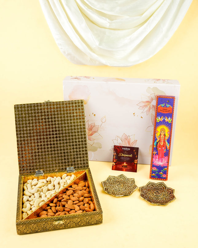 Deepavali: Box with Dry Fruit Box, Flower Agarvathi, Insence Sticks & Dry Fruits - WDC0032