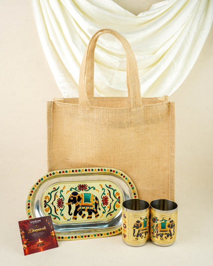 Deepavali: Jute Bag with Meenakari Plate & Set of 2 Glass - WDC0044