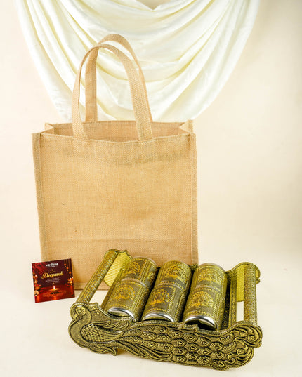 Deepavali: Jute Bag with German Oxidised Tray with 6 Glass - WDC0045