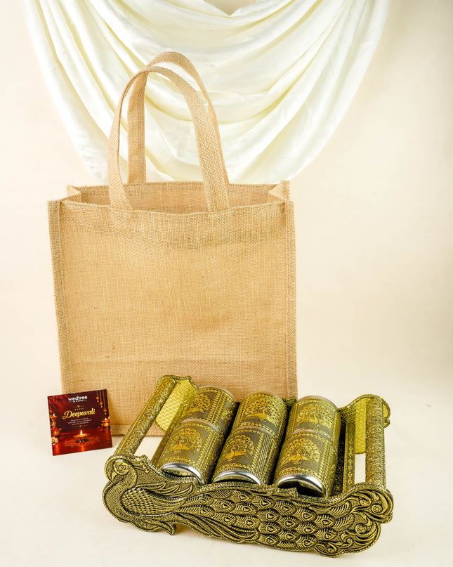 Deepavali: Jute Bag with German Oxidised Tray with 6 Glass - WDC0045