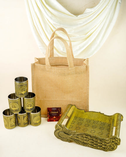 Deepavali: Jute Bag with German Oxidised Tray with 6 Glass - WDC0045