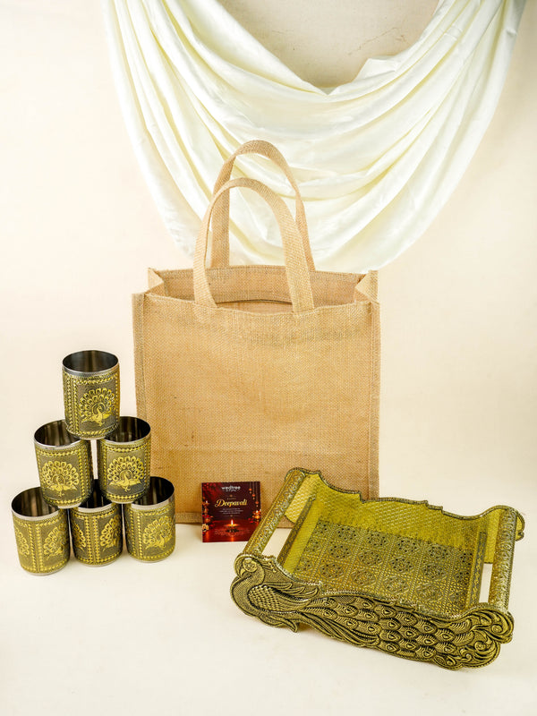 Deepavali: Jute Bag with German Oxidised Tray with 6 Glass - WDC0045