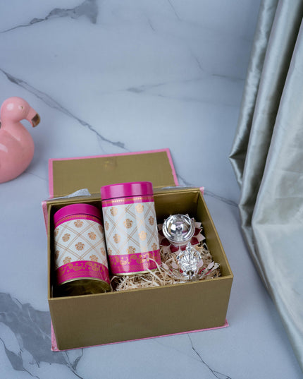 Deepavali: Hamper Box with Set of 2 Tin Jar, German Silver Ganesha on Lotus & Lotus Diya - WDC0006