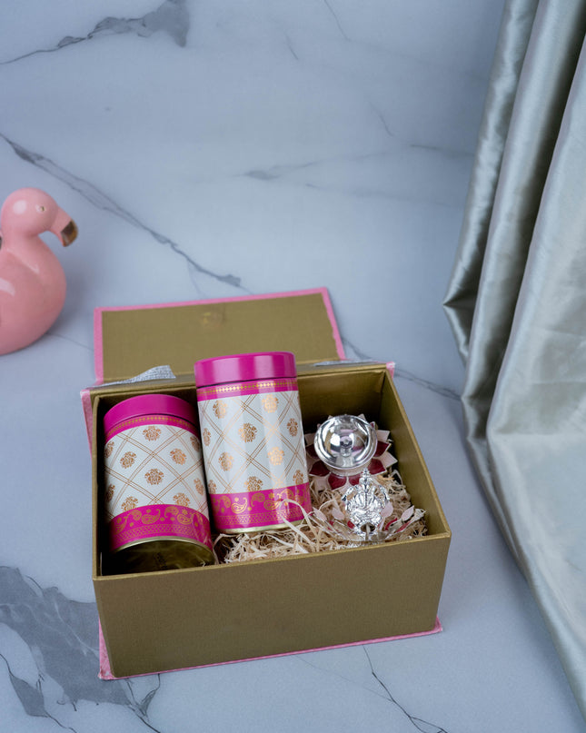 Deepavali: Hamper Box with Set of 2 Tin Jar, German Silver Ganesha on Lotus & Lotus Diya - WDC0006