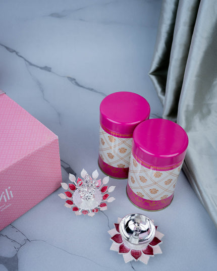 Deepavali: Hamper Box with Set of 2 Tin Jar, German Silver Ganesha on Lotus & Lotus Diya - WDC0006