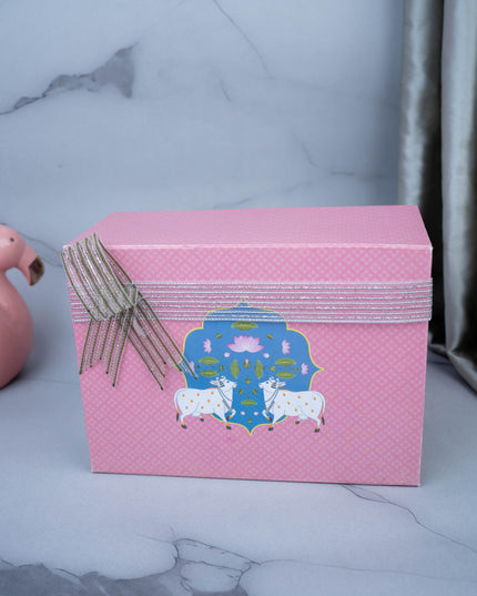 Deepavali: Hamper Box with Set of 2 Tin Jar, German Silver Ganesha on Lotus & Lotus Diya - WDC0006