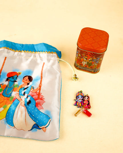 Combo: Mural Tin with Radhakrishna Haldi Kumkum & String Bag - WGC0118