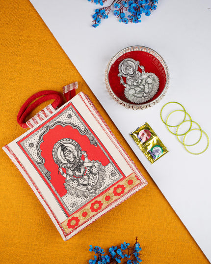 Navratri Combo: Jute Bag with Madhubani German Silver Tray & Haldi Kumkum Bangles - WGC0077