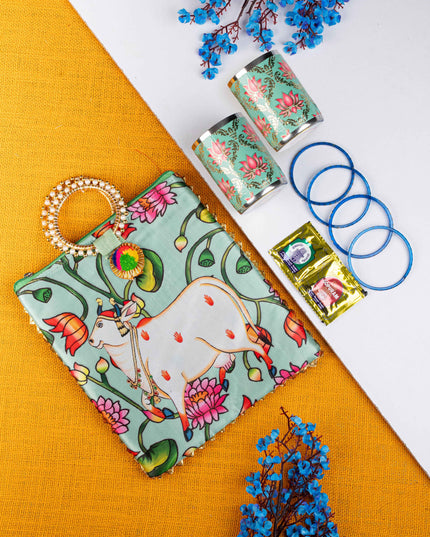 Navratri Combo: Pichwai Digtial Printed Handbag With Meenakari Glass & Manjal Kumkum - WGC0085