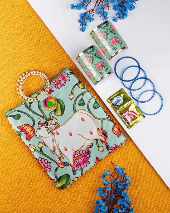 Navratri Combo: Pichwai Digtial Printed Handbag With Meenakari Glass & Manjal Kumkum - WGC0085