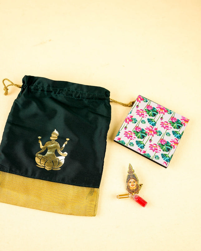 Combo - Pichwai Manai, Amman Face Haldi Kumkum with Lakshmi String Bag - WGC0096