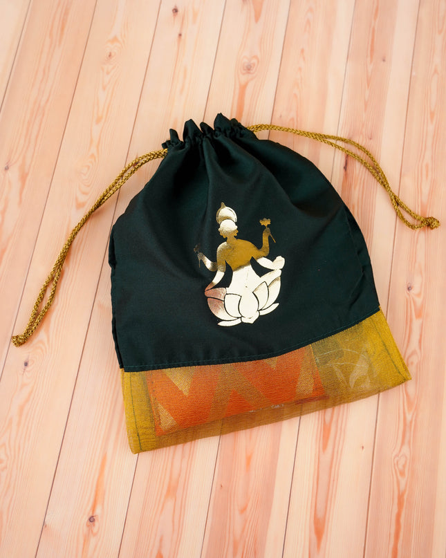 Combo: Designer Haldi Purse, Lakshmi Fridge Magnet with Lakshmi String Bag - WGC0105