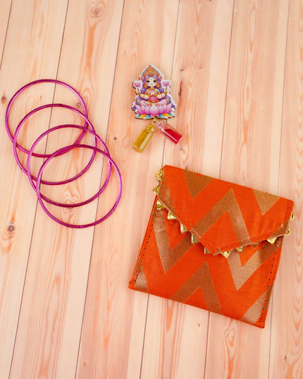 Combo: Designer Haldi Purse, Lakshmi Fridge Magnet with Lakshmi String Bag - WGC0105