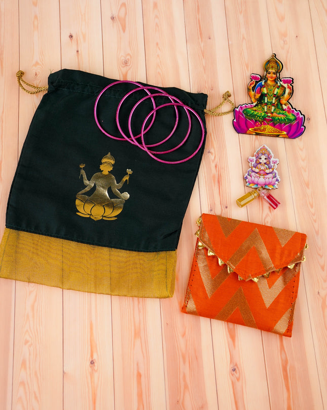 Combo: Designer Haldi Purse, Lakshmi Fridge Magnet with Lakshmi String Bag - WGC0105