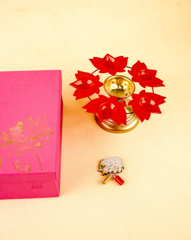 Combo: Hamper Box with Metal Urli Diya and Pichwai Fridge Magnet - WGC0106