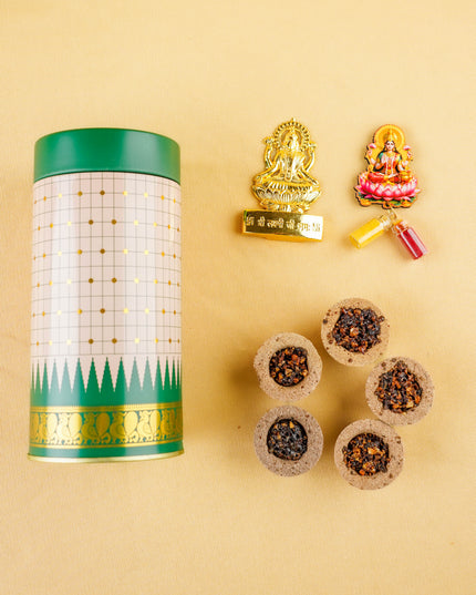 Combo: Kanjivaram Temple Border Tin, Murti Lakshmi, Lakshmi Haldi Kumkum & Set of 5 Cones - WGC0109