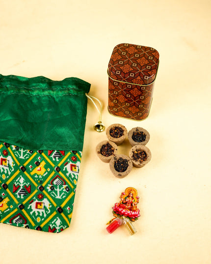 Combo: Brown Tin, Lakshmi Haldi Kumkum, String Bag with Set of 5 Cones - WGC0109