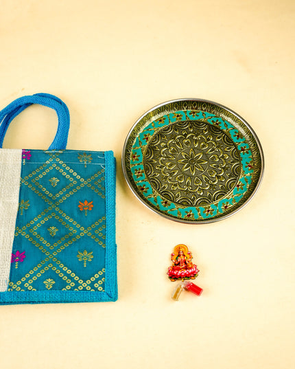 Combo: Jute Bag with Floral Plate & Lakshmi Haldi Kumkum - WGC0115